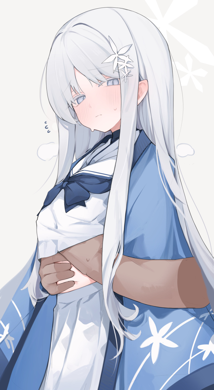 1boy 1girl absurdres blue_archive grey_background grey_eyes grey_hair hair_ornament hand_under_clothes hetero highres long_hair looking_at_viewer mikozin nagusa_(blue_archive) paid_reward_available school_uniform serafuku shirt skirt snowflake_hair_ornament solo_focus white_shirt white_skirt
