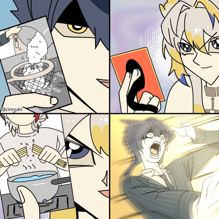 1girl 2boys arknights black_hair blonde_hair blue_hair closed_mouth elysium_(arknights) food grey_hair highres kaiba&#039;s_defeat_(meme) meme multicolored_hair multiple_boys open_mouth pasta rice short_hair shu_(arknights) spaghetti streaked_hair vigil_(arknights) yukii