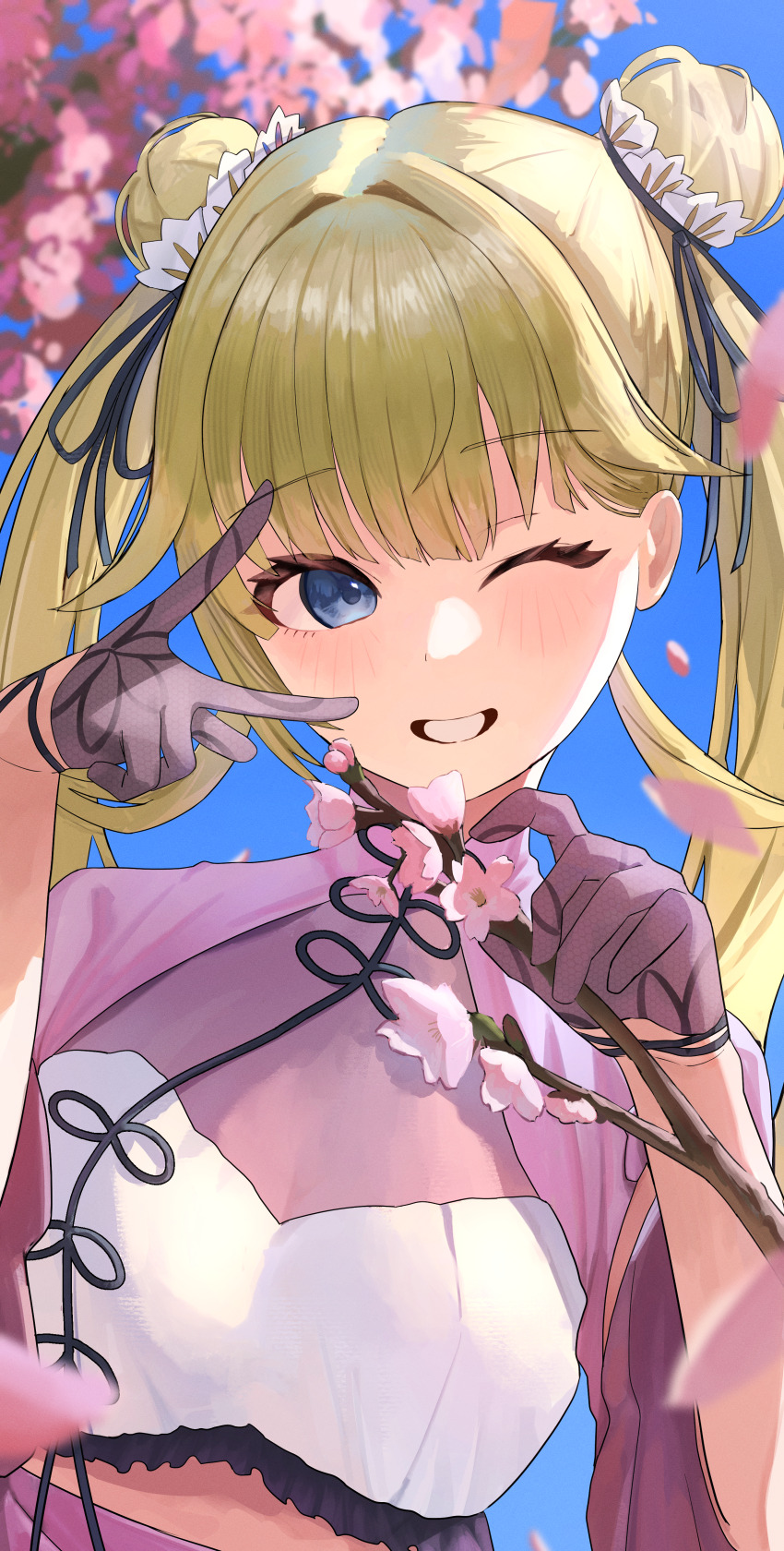 1girl absurdres asymmetrical_sidelocks blue_eyes blush breasts cattleya_regina_games cherry_blossoms chinese_clothes cleavage double_bun falling_petals gloves green_hair grin hair_bun hair_ribbon half_gloves hanabusa_lisa hanabusa_lisa_(3rd_costume) highres lace lace_gloves midriff_peek one_eye_closed petals pink_shirt ribbon ronununn see-through_cleavage see-through_clothes shirt smile solo twintails upper_body v v_over_eye virtual_youtuber vspo! wide_sleeves