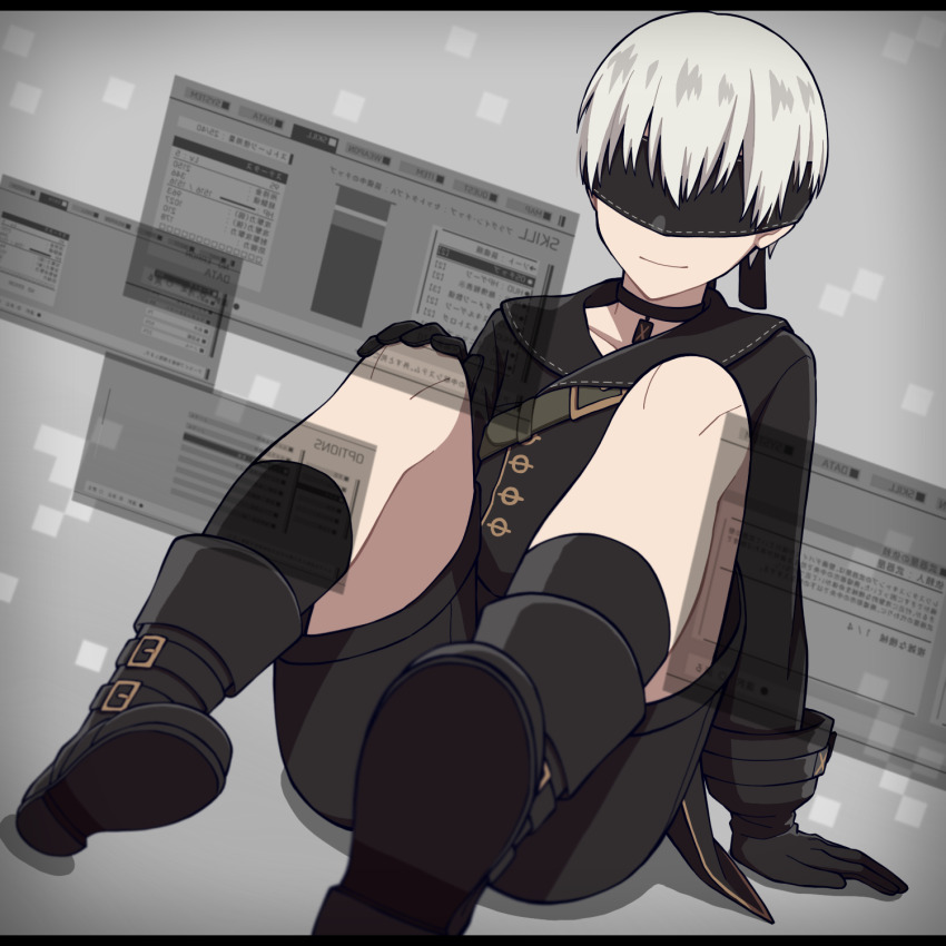 1boy 9s_(nier:automata) belt_boots black_boots black_choker black_gloves black_jacket black_shorts black_socks blindfold boots choker closed_mouth commentary_request covered_eyes full_body gameplay_mechanics gloves grey_background hand_on_own_knee highres jacket knees_up male_focus nier:automata nier_(series) roman_numeral short_hair shorts sitting smile socks solo tamakingx422x white_hair