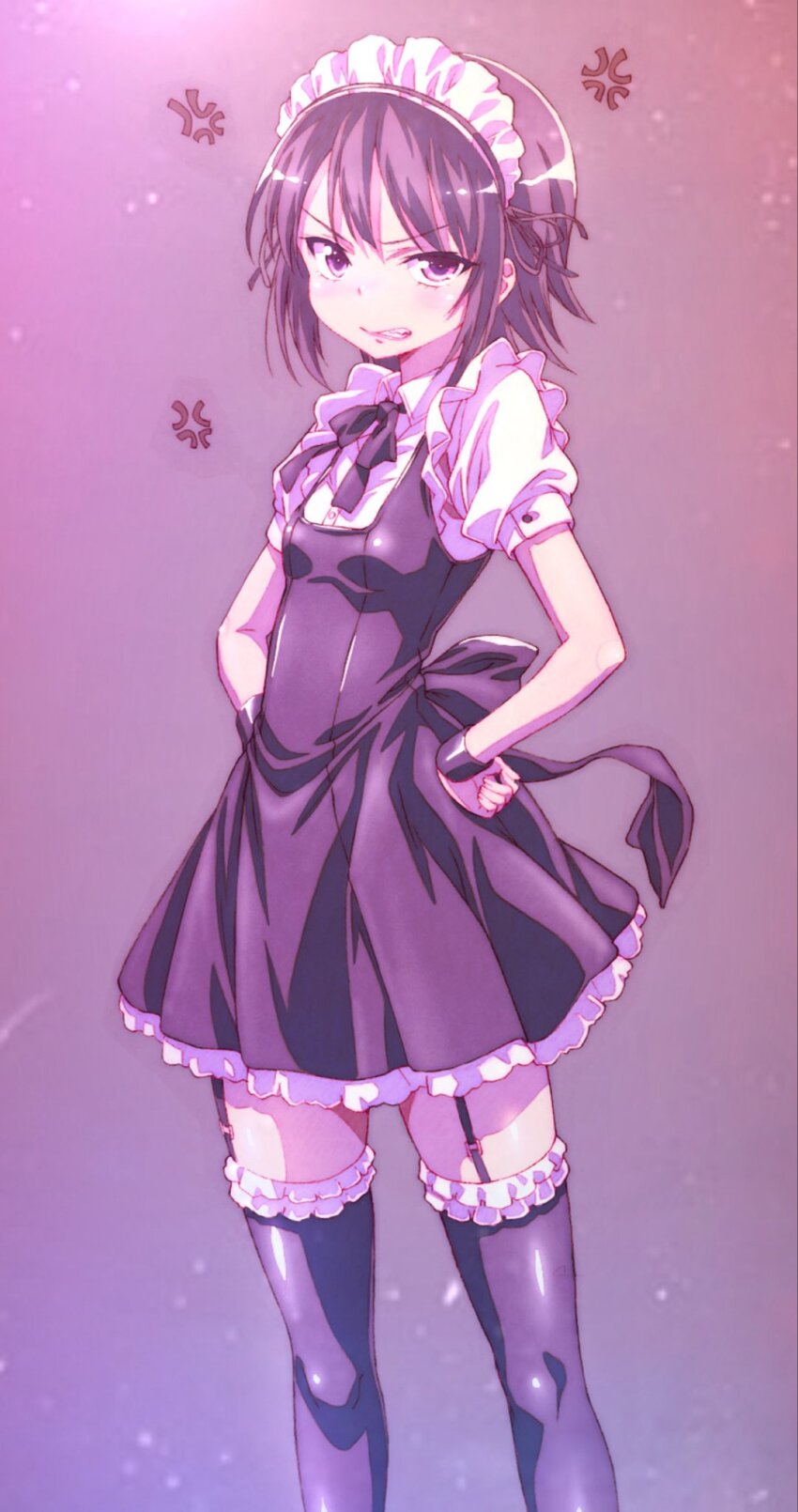1girl anger_vein black_dress black_ribbon black_thighhighs boku_wa_tomodachi_ga_sukunai breasts clenched_teeth commentary_request dress feet_out_of_frame frilled_thighhighs frills garter_straps hands_on_own_hips highres looking_at_viewer maid maid_headdress mikazuki_yozora neck_ribbon official_artist_extra puffy_short_sleeves puffy_sleeves ribbon short_dress short_hair short_sleeves small_breasts solo teeth thighhighs v-shaped_eyebrows watanabe_yoshihiro