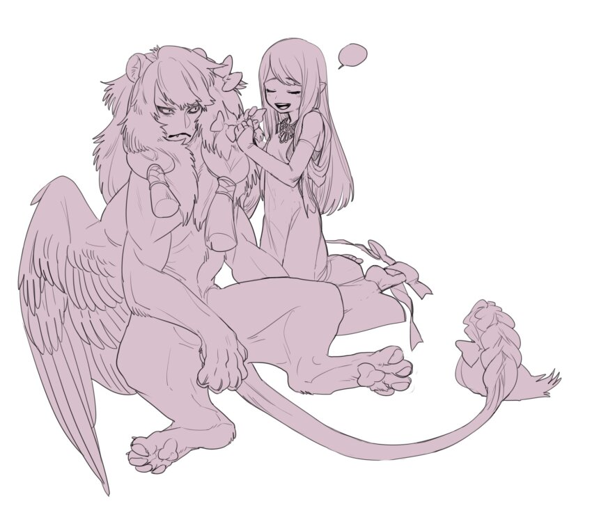 1boy 1girl bow braided_tail braiding_hair commentary_request dress elf fang fang_out feathered_wings full_body hair_bow hairdressing highres human_head jewelry kneeling long_hair looking_at_another mane meziro001 necklace original pointy_ears simple_background sitting sphinx white_background wings