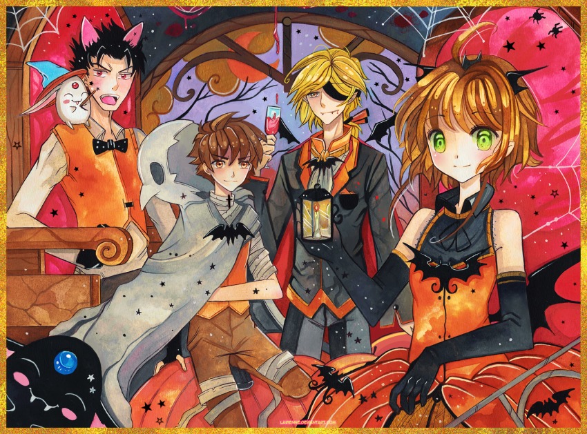 1girl 3boys alternate_eye_color animal_ears bat_(animal) blouse border candle collared_shirt commentary cup drinking_glass fai_d._flowright fangs fire green_eyes halloween happy kurogane_(tsubasa_chronicle) larienne mokona multiple_boys orange_eyes ponytail red_eyes sakura_hime shirt silk sitting smile spider_web spiked_hair standing tsubasa_chronicle white_shirt wolf_ears xiaolang yellow_border yellow_eyes