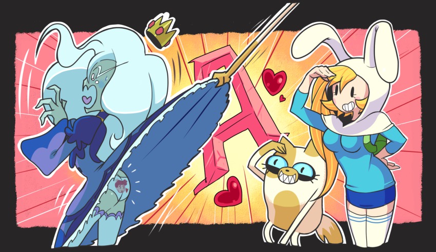 3girls a_(letter) adventure_time animal_hood ass assisted_exposure asymmetrical_hair backpack bag black_eyes blonde_hair blue_eyes blush blush_stickers breasts rabbit_hood cake_(adventure_time) cartoon_network cat clothes_lift crown dress dress_lift fionna_campbell gashi-gashi grin heart hood ice_queen_(adventure_time) long_hair miniskirt multiple_girls open_mouth panties pantyshot prince_bubba_gumball prince_gumball print_panties salute skirt smile sweatdrop tears teeth thighhighs underwear white_eyes white_hair white_legwear white_panties zettai_ryouiki