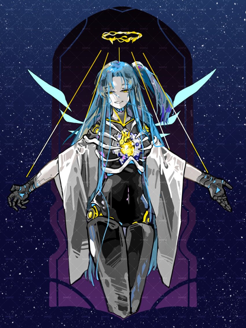 1girl :d angela_(project_moon) blue_hair blue_wings border cardigan claw_pose cowboy_shot hair_over_shoulder halo heart_(organ) high_side_ponytail highres hole_in_chest hole_on_body joints lobotomy_corporation long_hair looking_at_viewer mechanical_arms mechanical_legs off_shoulder open_heart open_mouth ornate_border outstretched_arms project_moon puppet_strings ribs robot_joints smile solo star_(sky) starry_sky_background very_long_hair white_cardigan wings yellow_eyes zukichou