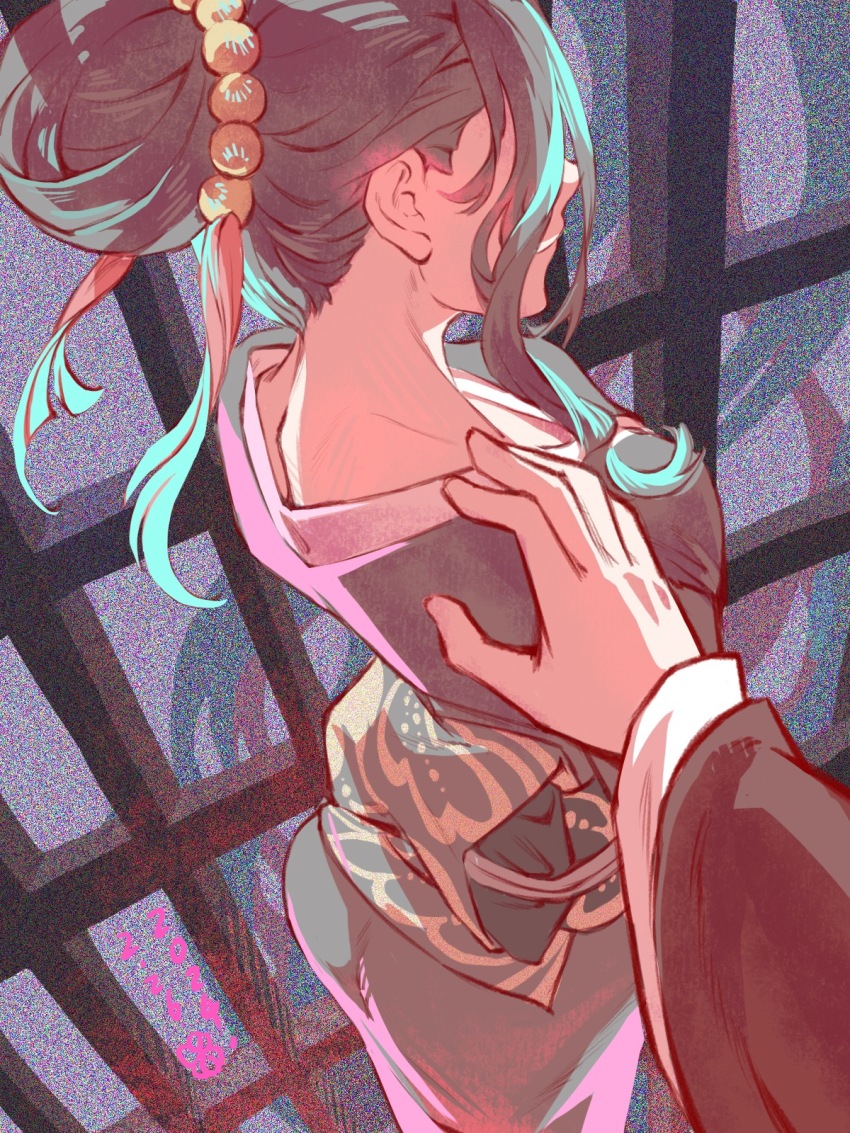 1girl ass black_hair black_kimono buruixier demon_girl disembodied_hand genderswap genderswap_(mtf) hair_bun hair_ornament highres japanese_clothes kibutsuji_muzan kibutsuji_muzan_(female) kimetsu_no_yaiba kimono solo tassel tassel_hair_ornament