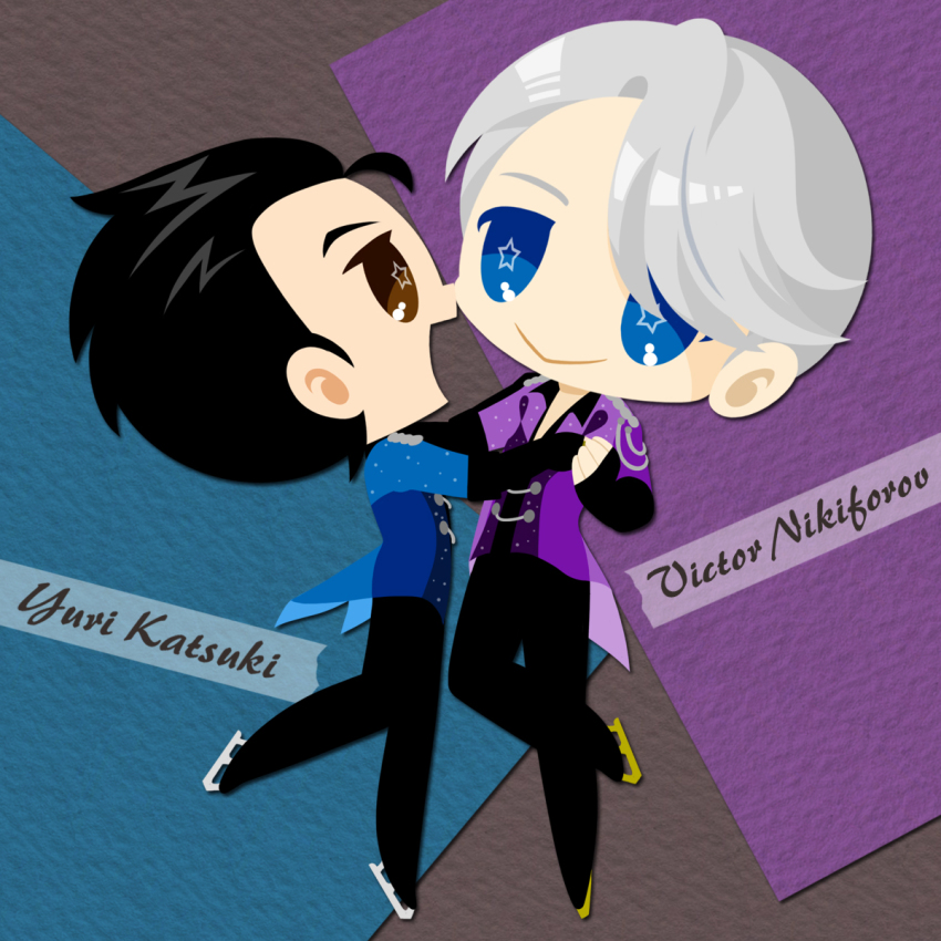 2boys :&gt; bags_under_eyes black_hair black_pants blue_eyes brown_eyes character_name collared_shirt epaulettes hair_slicked_back holding_hands highres ice_skates kaorin_minogue katsuki_yuuri looking_at_another male_focus multiple_boys open_mouth pants shirt silver_hair skates smile star-shaped_pupils star_(symbol) symbol-shaped_pupils viktor_nikiforov yaoi yuri!!!_on_ice