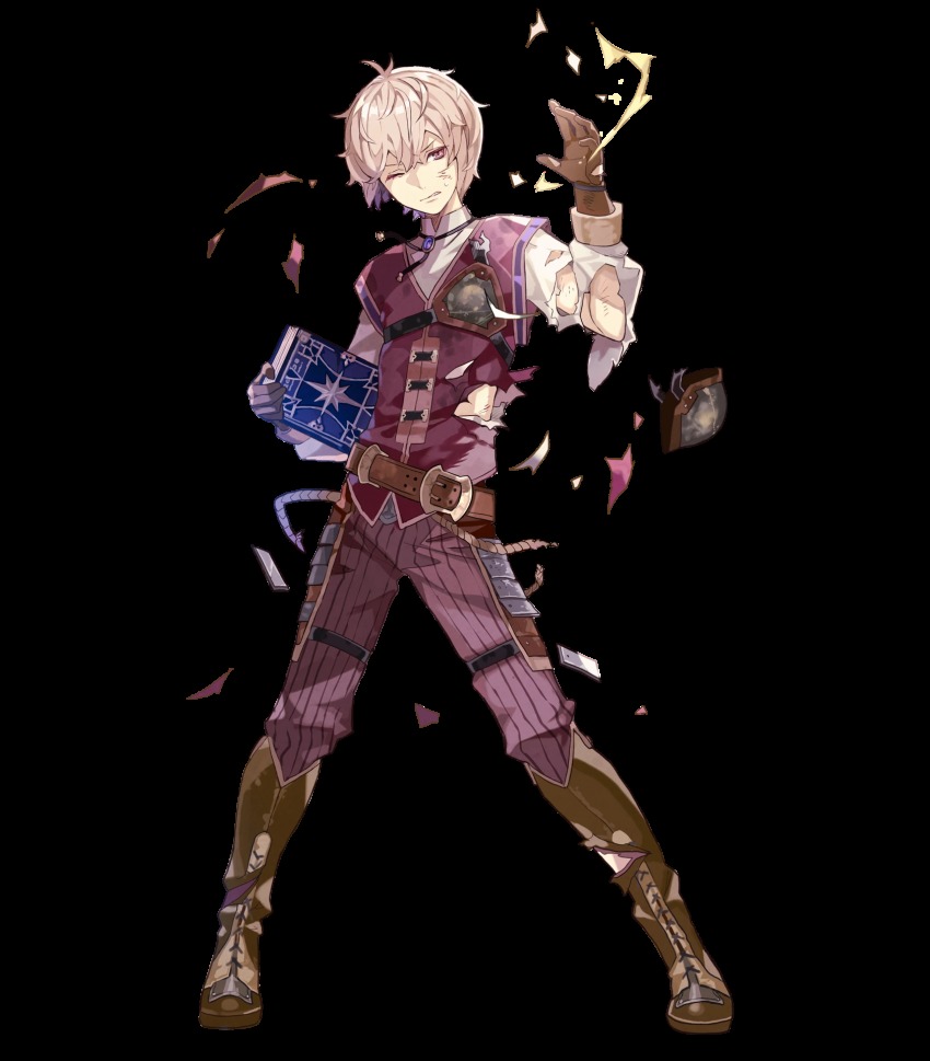 1boy belt book boots fire_emblem fire_emblem_echoes:_shadows_of_valentia fire_emblem_heroes full_body gloves highres injury kliff_(fire_emblem) male_focus nintendo official_art one_eye_closed pink_eyes solo teeth tobi_(kotetsu) torn_clothes transparent_background white_hair