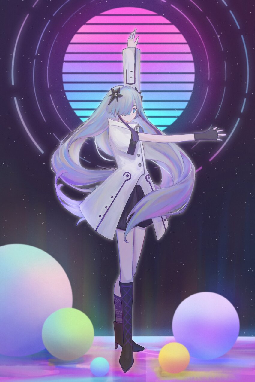 1girl arm_up asymmetrical_footwear asymmetrical_sleeves ball black_gloves boots buttons cevio closed_mouth coat commentary fingerless_gloves floating_hair full_body gloves hair_ornament hair_over_one_eye high_heels highres ibulyn knee_boots long_hair long_sleeves looking_at_viewer one_eye_covered purple_socks sekai_(cevio) short_sleeves single_fingerless_glove single_glove single_knee_boot socks solo standing synthwave uneven_footwear uneven_sleeves very_long_hair white_coat