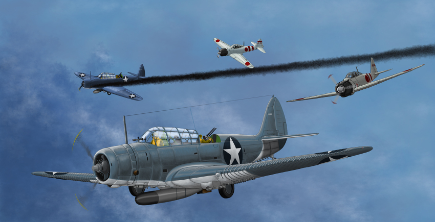 a6m_zero aerial_battle aircraft airplane battle beroberoman bomber day dogfight highres military military_vehicle original propeller_fighter real_life sbd_dauntless sky smoke torpedo_bomber vehicle_focus world_war_ii