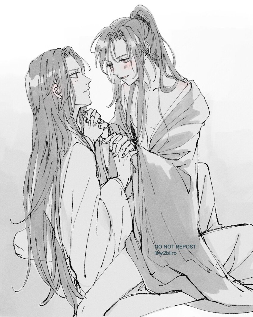 2boys bare_legs black_hair blush bottomless chinese_clothes collarbone couple eye_contact greyscale hanfu highres holding_hands implied_sex interlocked_fingers lan_wangji long_hair long_sleeves looking_at_another male_focus modao_zushi monochrome multiple_boys open_clothes open_robe parted_lips pectorals ponytail robe sidelocks sitting sitting_on_lap sitting_on_person smile spot_color straddling twitter_username upright_straddle w2biiro watermark wei_wuxian white_background wide_sleeves yaoi