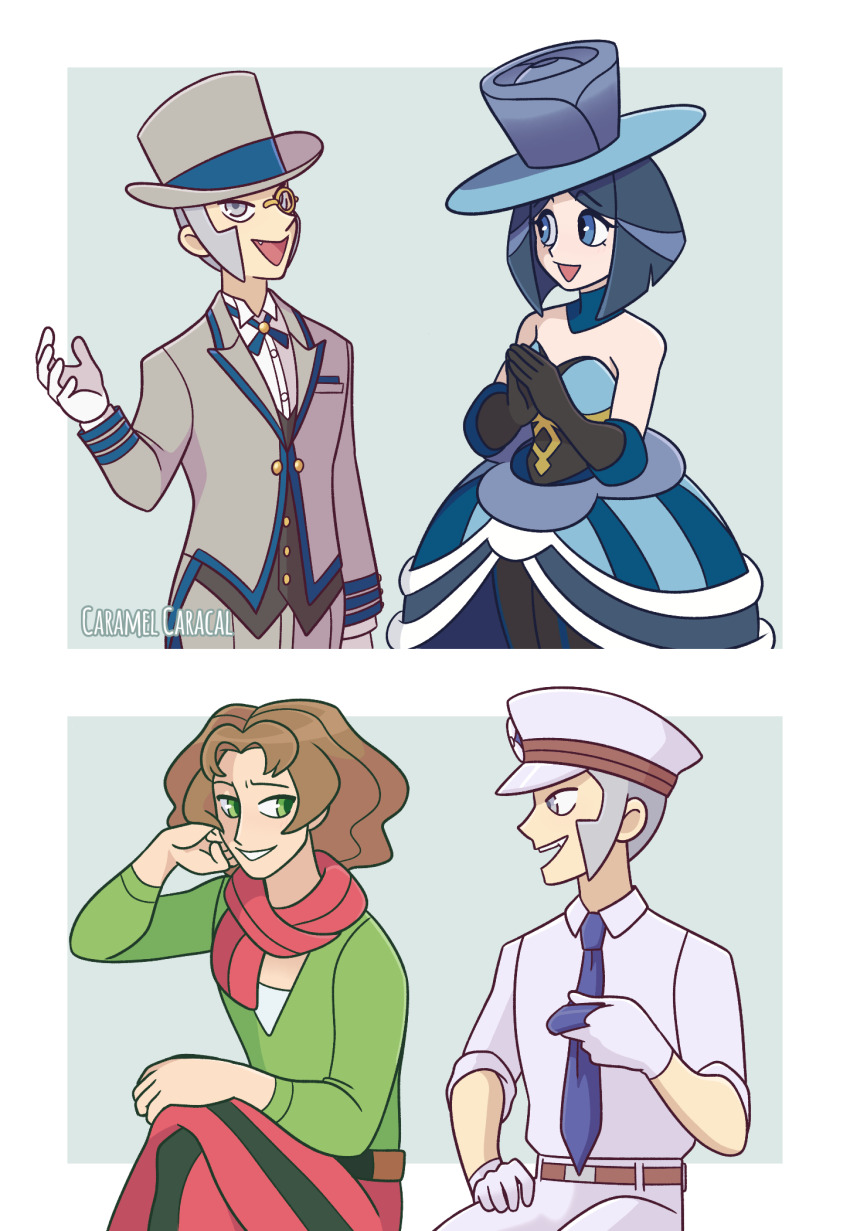 1girl 2boys battle_chatelaine black_gloves blue_dress blue_eyes blue_hair blue_hat blue_necktie brown_hair burgh_(pokemon) caramel_caracal collared_shirt dress emmet_(pokemon) emmet_(special_costume)_(pokemon) evelyn_(pokemon) gloves green_eyes green_shirt grey_hair hat highres looking_at_another monocle multiple_boys necktie nintendo official_alternate_costume pokemon pokemon_bw pokemon_masters_ex pokemon_xy red_scarf scarf shirt sideburns teeth white_gloves white_shirt