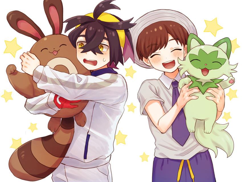 2boys :d ahoge black_hair blue_necktie blue_shorts blush brown_hair closed_eyes collared_shirt colored_inner_hair commentary_request crossed_bangs facing_viewer florian_(pokemon) gen_2_pokemon gloves hair_between_eyes hairband hat headband highres holding holding_pokemon jacket kieran_(pokemon) long_sleeves male_focus mochi_(mocchi_p_2m) multicolored_hair multiple_boys necktie nintendo one_glove open_mouth pokemon pokemon_(creature) pokemon_sv purple_necktie purple_shorts red_gloves sentret shirt short_hair short_sleeves shorts single_glove smile sprigatito star_(symbol) sweatdrop teeth upper_teeth_only white_background white_headwear white_jacket white_shirt white_shorts yellow_hairband yellow_headband