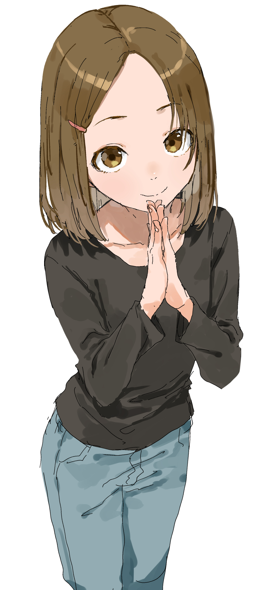 1girl absurdres black_shirt blue_pants brown_hair closed_mouth denim forehead hair_ornament hairclip highres jeans long_sleeves looking_at_viewer original pants shirt simple_background smile solo standing white_background yamamoto_souichirou