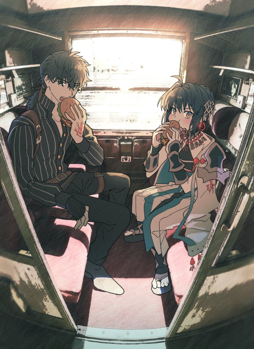 1boy 1other ahoge arm_guards belt black_gloves black_hair black_pants braid braided_bun brown_belt burger command_spell dress earrings eating fate/samurai_remnant fate_(series) feminization fingerless_gloves food gloves hair_bun hair_intakes highres holding holding_food jewelry looking_at_viewer low_ponytail magatama magatama_earrings miyamoto_252 miyamoto_iori_(fate) miyamoto_iori_(phantasmal_dress)_(fate) official_alternate_hairstyle orange_eyes other_with_male pants partially_toeless_legwear partially_unbuttoned photo_background pinstripe_pattern pinstripe_shirt ponytail shirt shoulder_guard sidelocks single_glove sitting striped_clothes striped_shirt thigh_belt thigh_strap train_interior vertical-striped_clothes vertical-striped_shirt white_dress yamato_takeru_(fate) yamato_takeru_(phantasmal_dress)_(fate)