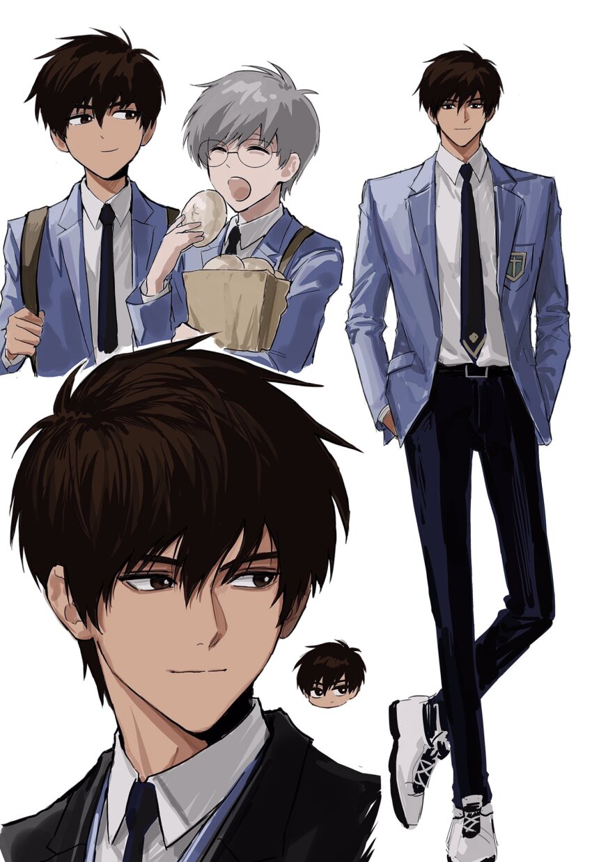 2boys bag belt belt_buckle black_belt black_hair black_jacket black_necktie black_pants blue_jacket brown_bag buckle cardcaptor_sakura closed_eyes closed_mouth collared_shirt eating food full_body glasses grey_hair highres holding holding_food jacket kinomoto_touya looking_at_another looking_at_viewer male_focus multiple_boys multiple_views necktie open_mouth pants paper_bag school_uniform shirt simple_background sso_s tsukishiro_yukito upper_body white_background white_footwear white_shirt