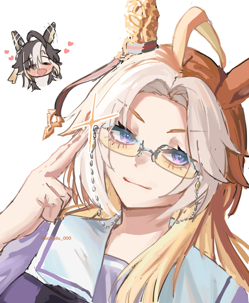 2girls :d =_= adjusting_eyewear ahoge animal_ears black_hair blonde_hair blush borrowed_accessory bow chibi closed_eyes closed_mouth dream_journey_(umamusume) ear_ornament ear_ribbon ear_wiggle eyewear_strap finger_on_eyewear furrowed_brow glasses hand_on_eyewear hand_up head_only heart highres horse_ears horse_girl looking_at_viewer lovestruck loving_aura multicolored_hair multiple_girls open_mouth orange_hair orfevre_(umamusume) parted_bangs purple_eyes purple_shirt sailor_collar sailor_shirt school_uniform shirt siblings simple_background sisters smile songdu sparkle streaked_hair summer_uniform tinted_eyewear tracen_school_uniform twitter_username umamusume upper_body v-shaped_eyebrows white_background white_hair yellow-tinted_eyewear