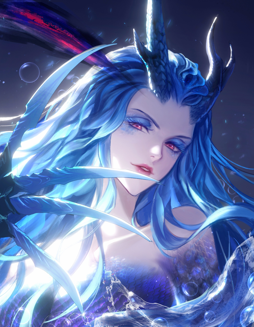1girl absurdres ao_run_(nezha_zhi_motong_jiangshi) blue_hair blue_scales dragon_girl dragon_horns highres horns long_hair nezha_zhi_motong_jiangshi pointy_ears qingyuan red_eyes solo very_long_hair