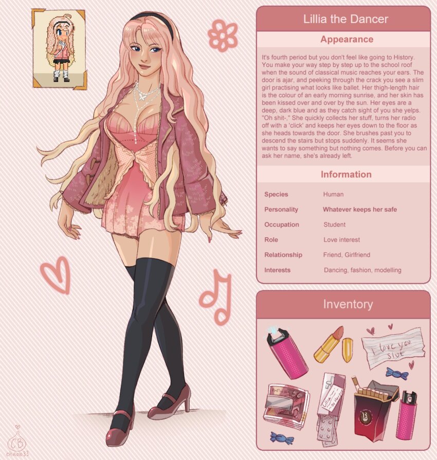 1girl banknote black_hairband black_thighhighs breasts chaob33 character_name cigarette_pack cleavage cosmetics degrees_of_lewdity dress english_text hairband high_heels highres jacket large_breasts lighter lillia_(chaob33) lipstick_tube long_hair money open_clothes open_jacket original pink_dress pink_hair player_character_(degrees_of_lewdity) player_character_(female)_(degrees_of_lewdity) thighhighs wall_of_text