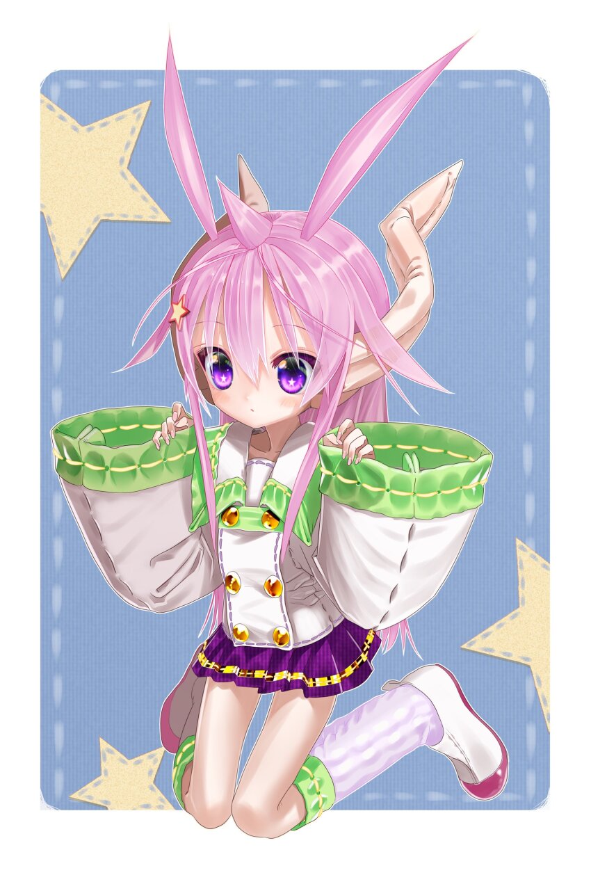 1girl absurdres axiacid closed_mouth collared_shirt commentary_request expressionless full_body hair_between_eyes hair_ears hair_flaps hair_horns hair_ornament hands_up highres huge_ears kneeling long_hair long_pointy_ears long_sidelocks long_sleeves loose_socks multicolored_shoes original pink_hair pink_shoes pleated_skirt pointy_ears purple_eyes purple_skirt purple_socks ribbon-trimmed_socks ribbon_trim shirt shoes short_hair sidelocks skirt sleeves_past_wrists socks solo star_(symbol) star_hair_ornament star_in_eye suzuka_sutera_(axiacid) symbol_in_eye two-tone_shoes very_long_hair white_shirt white_shoes wide_sleeves
