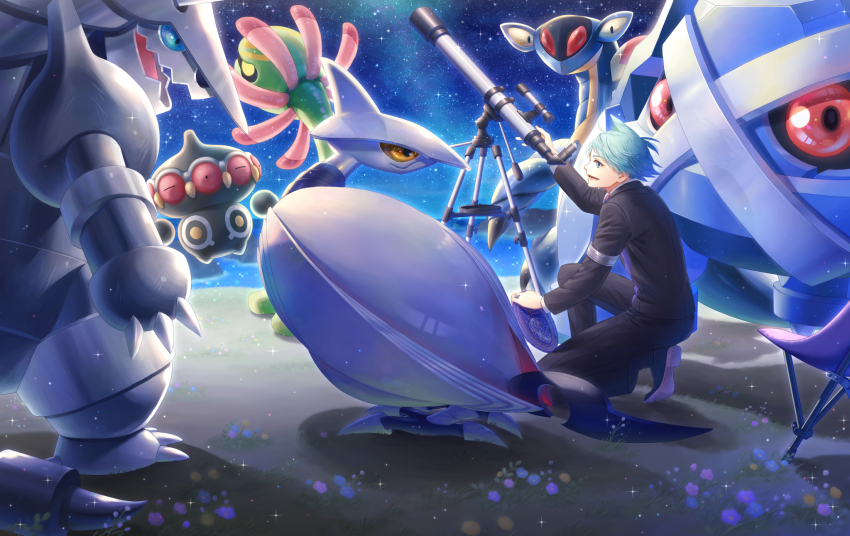 1boy aggron aqua_hair armaldo armlet black_footwear black_jacket black_pants claydol commentary_request cradily gen_2_pokemon gen_3_pokemon highres jacket jewelry long_sleeves male_focus metagross night nintendo noshigi_(nosi_gi) on_one_knee open_mouth outdoors pants pokemon pokemon_(creature) pokemon_rse sand shoes short_hair skarmory sky smile sparkle steven_stone telescope