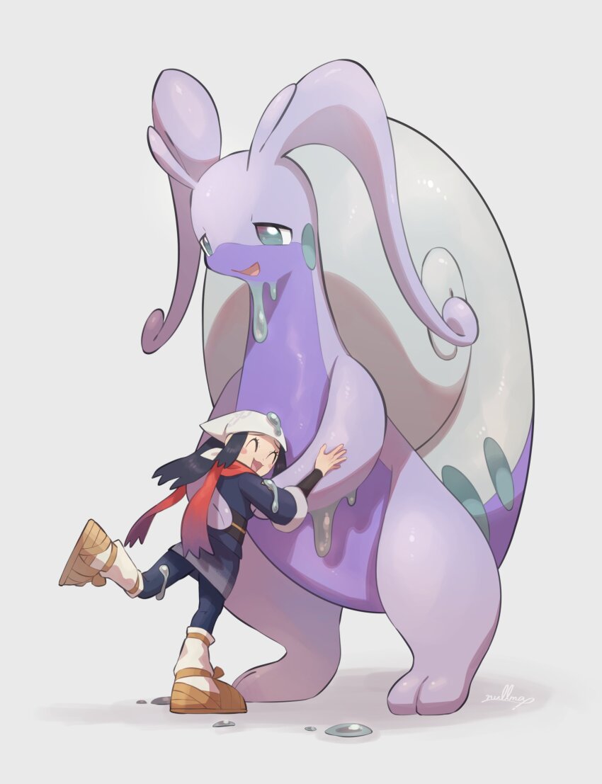 1girl absurdres akari_(pokemon) antennae blue_jacket blue_pants closed_eyes colored_skin commentary_request creatures_(company) full_body game_freak headscarf highres hisuian_goodra hug jacket leg_warmers nintendo nullma open_mouth pants pokemon pokemon_(creature) pokemon_legends:_arceus purple_skin red_scarf sandals scarf signature simple_background slime_(substance) smile standing standing_on_one_leg tail white_background white_headscarf white_headwear