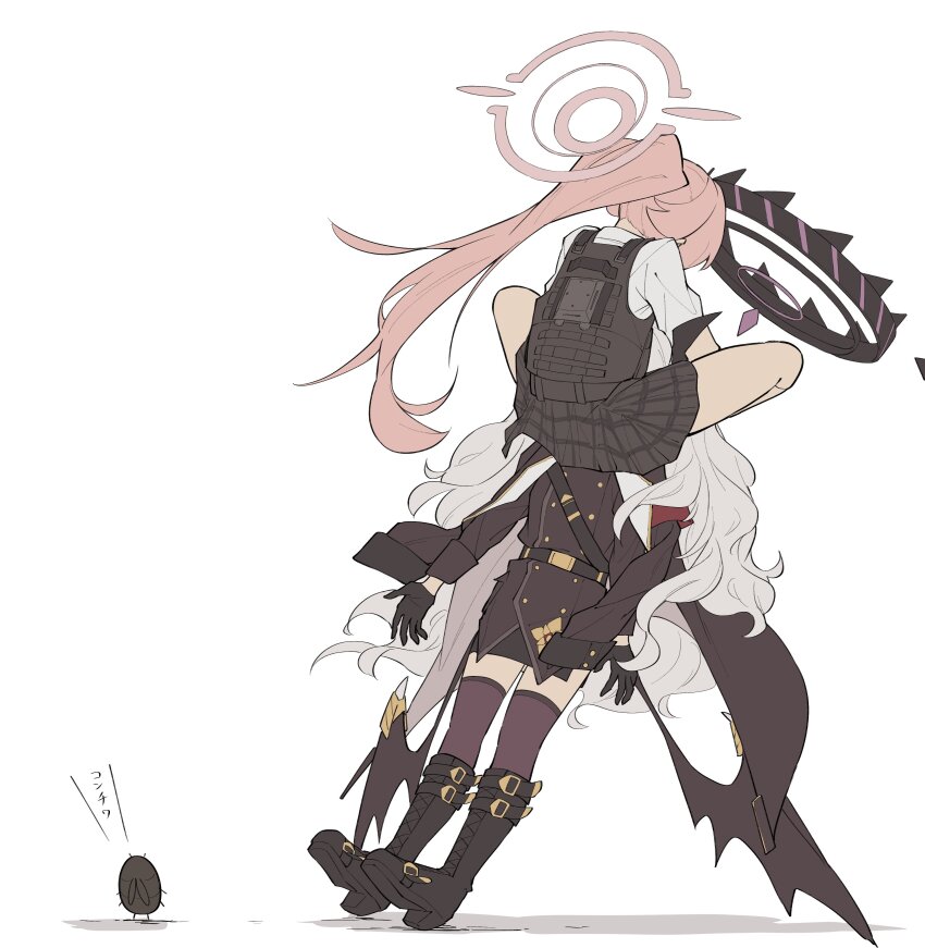 2girls absurdres black_boots black_gloves black_halo black_jacket black_skirt black_thighhighs blue_archive boots bug bulletproof_vest commentary_request demon_girl demon_wings full_body gloves halo highres hina_(blue_archive) hoshino_(armed)_(blue_archive) hoshino_(blue_archive) jacket leaning_back long_hair long_sleeves low_wings miniskirt multiple_girls note_note0408 official_alternate_costume official_alternate_hairstyle pink_hair pink_halo plaid_clothes plaid_skirt pleated_skirt ponytail scared school_uniform shirt simple_background skirt standing sun thighhighs very_long_hair wavy_hair white_background white_hair white_shirt wings zettai_ryouiki