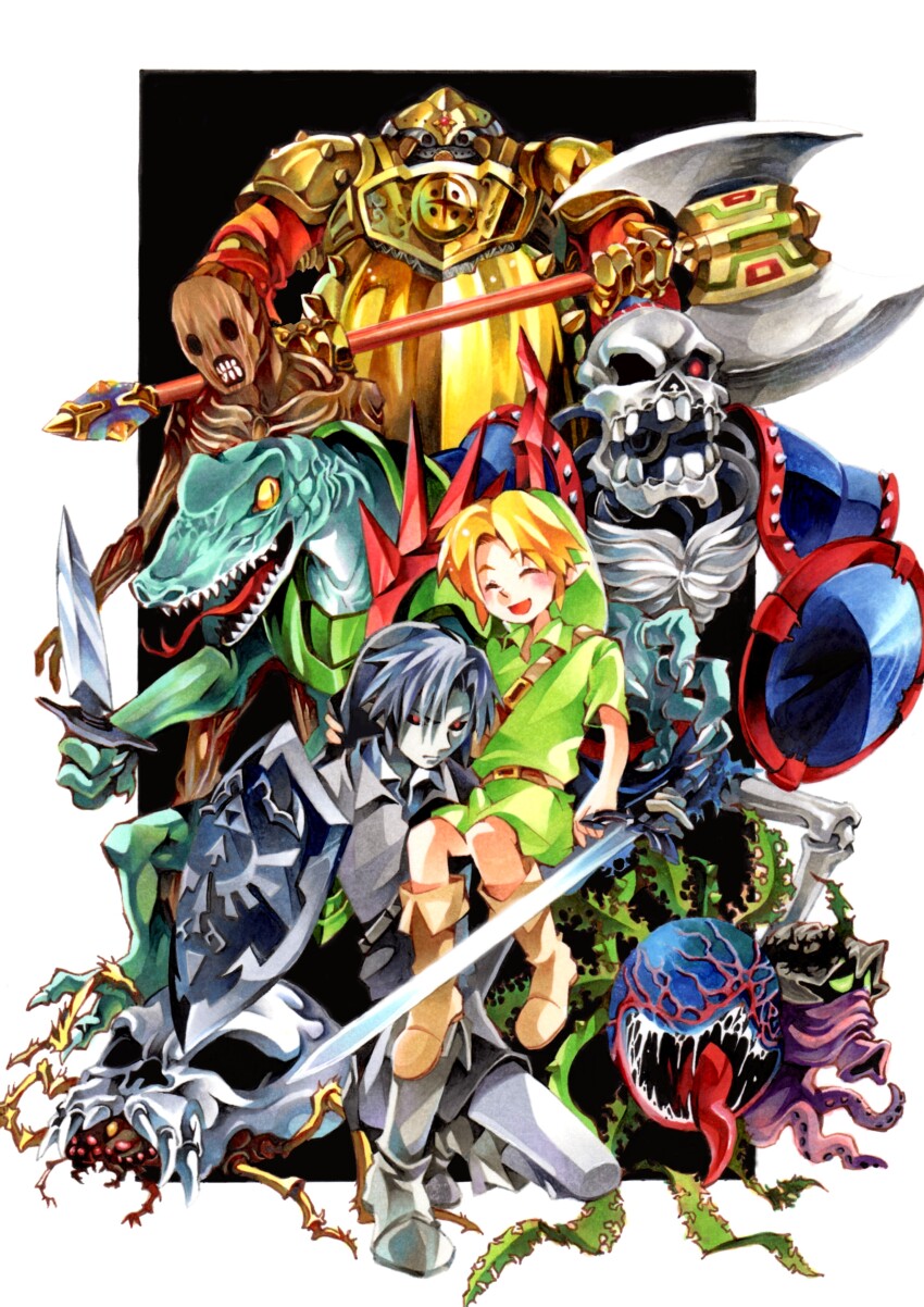 2boys absurdres armor axe battle_axe belt black_sclera blonde_hair blush boots border brown_belt brown_footwear bug closed_eyes closed_mouth colored_sclera colored_skin dagger deku_baba empty_eyes forked_tongue full_armor green_headwear green_tunic grey_footwear grey_hair grey_skin grey_tunic highres holding holding_axe holding_shield holding_sword holding_weapon hylian_shield iron_knuckle knife link lizalfos lizard master_sword minami_no_shirou monster multiple_boys nintendo octorok one-eyed pants pointy_ears red_eyes redead saliva sharp_teeth shield shoulder_armor single_empty_eye skeleton skulltula spider stalfos sword teeth the_legend_of_zelda the_legend_of_zelda:_ocarina_of_time tongue traditional_media tunic weapon white_border white_pants young_link