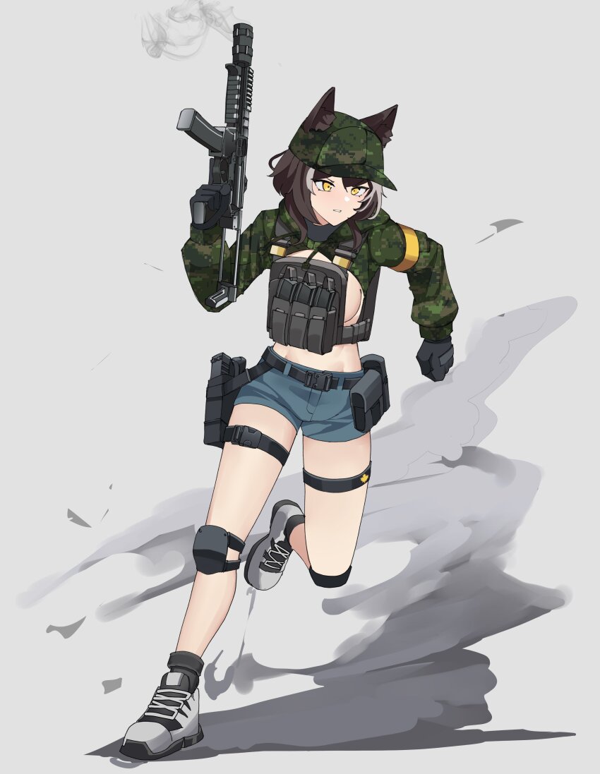1girl absurdres animal_ear_fluff animal_ears armband belt breasts brown_hair bulletproof_vest cadpat callisto_(greyeth) commission denim denim_shorts fox_ears fox_girl fox_tail gar32 gloves gun highres magazine_(weapon) original running second-party_source short_hair shorts sideboob sig_mpx sig_sauer solo submachine_gun tail thigh_strap weapon yellow_eyes
