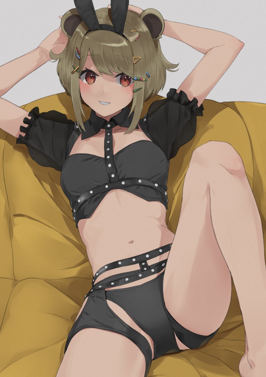 1girl absurdres alternate_costume animal_ears animare arms_behind_head atsushima barefoot black_garter_belt black_panties black_shirt blush breasts brown_eyes buttons cleavage_cutout clothing_cutout commentary_request couch fake_animal_ears foot_out_of_frame frilled_skirt frills garter_belt grey_background grin highres konan_mia light_brown_hair looking_at_viewer medium_breasts meerkat_ears nanashi_inc. panties puffy_short_sleeves puffy_sleeves rabbit_ears shirt short_hair short_sleeves sitting skirt smile solo swept_bangs too_many_hair_ornaments underwear virtual_youtuber