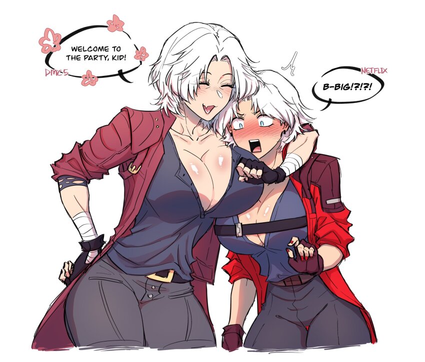 2girls black_gloves blush breasts cleavage closed_eyes clothes_grab coat dante_(devil_may_cry) devil_may_cry_(netflix) devil_may_cry_(series) devil_may_cry_5 dual_persona english_text fingerless_gloves genderswap genderswap_(ftm) gloves highres in-franchise_crossover jacket large_breasts mature_female multiple_girls pichuuuchan red_coat short_hair simple_background white_hair