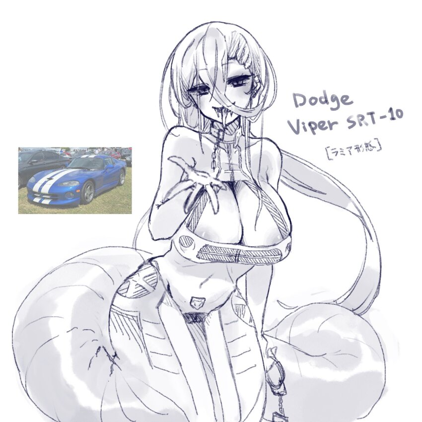 1girl areola_slip breasts dodge_(company) dodge_viper fangs forked_tongue highres huge_breasts lamia long_hair looking_at_viewer monster_girl navel original personification photo_inset sketch stomach tokiha_suzumiya tongue