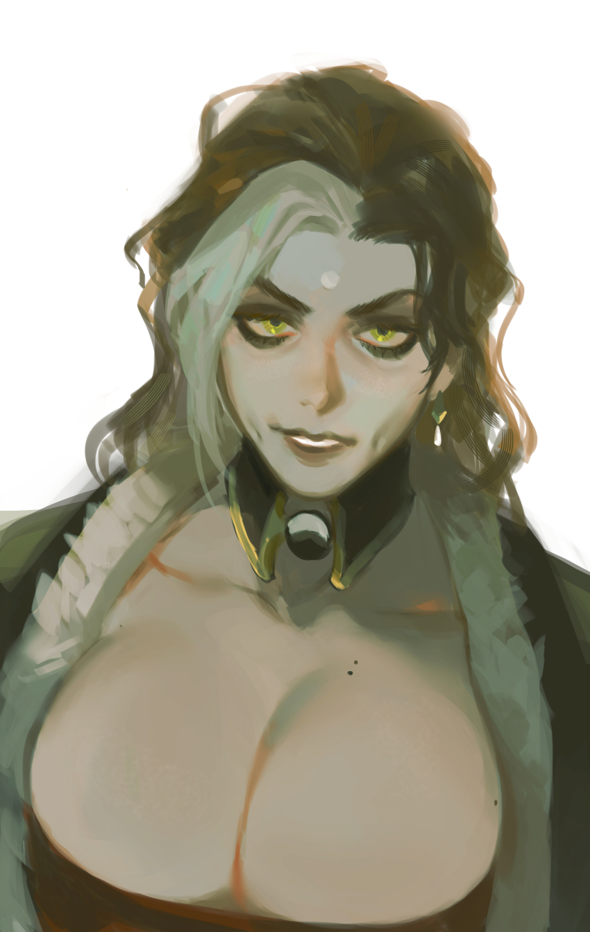 1girl absurdres black_eyeshadow breasts brown_hair cleavage collarbone detached_collar earrings emet-selch eyeshadow final_fantasy final_fantasy_xiv fur_trim garlean genderswap genderswap_(mtf) highres jewelry large_breasts looking_at_viewer makeup mature_female medium_hair mole mole_on_breast multicolored_hair nevermore_sh no_lineart simple_background solo third_eye two-tone_hair wavy_hair white_background yellow_eyes