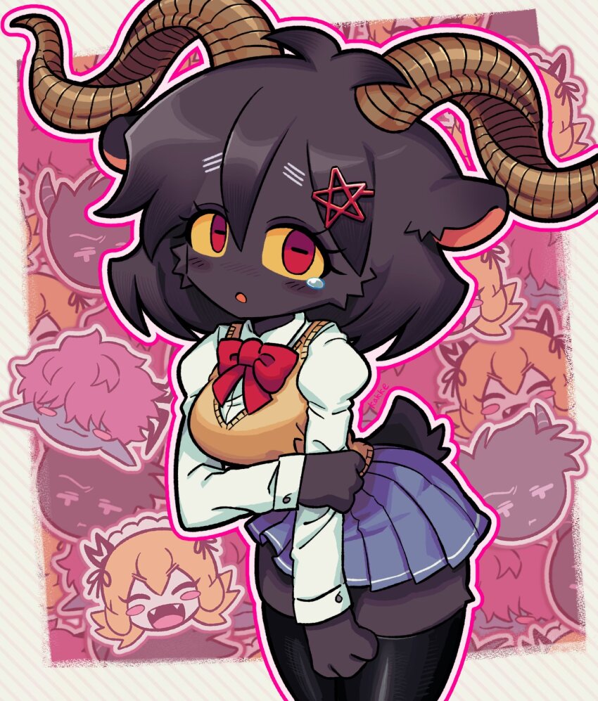 1girl animal_ears black_fur black_hair black_thighhighs blue_skirt body_fur bow bowtie colored_sclera commentary cowboy_shot english_commentary furry furry_female goat_ears goat_girl goat_tail highres horizontal_pupils juliet_sleeves long_sleeves looking_at_viewer original pink_background puffy_sleeves red_bow red_bowtie red_eyes satanmanse school_uniform shirt short_hair skirt standing sweater_vest tearing_up thighhighs white_shirt yellow_sclera
