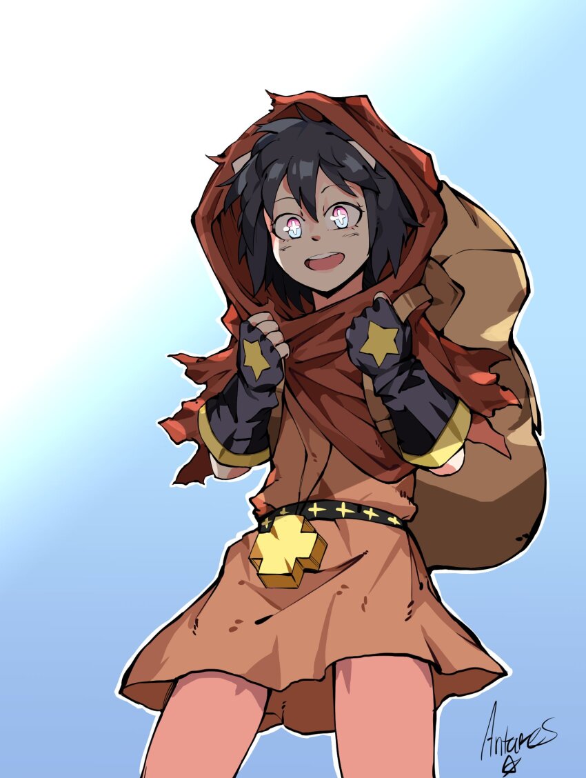 1girl antares_topaz artist_name backpack bag black_gloves black_hair blue_background brown_bag brown_tunic child clenched_hands commentary cross-shaped_pupils english_commentary excited fingerless_gloves from_below gloves glowing glowing_eyes gradient_background hair_ornament highres hood hood_up looking_at_viewer looking_down outline pink_lips shadow signature smile star_(symbol) star_linker symbol-shaped_pupils teeth tunic upper_teeth_only white_outline yellow_trim