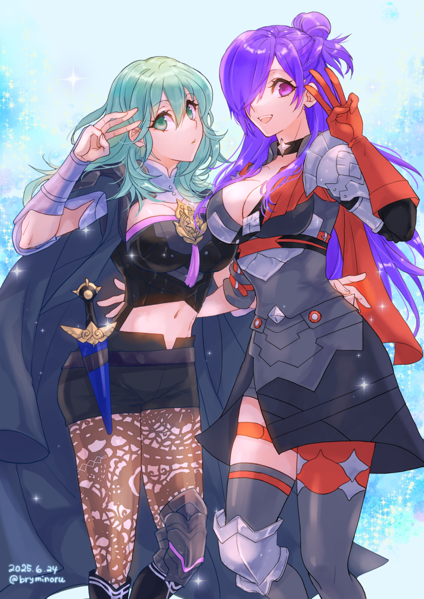 2girls alternate_hair_color armor black_armor bodice breasts bryminoru bustier cape choker choker_jewel cleavage closed_mouth clothing_cutout dagger female_byleth_(enlightened)_(fire_emblem) female_byleth_(fire_emblem) female_shez_(fire_emblem) fire_emblem fire_emblem:_three_houses fire_emblem_warriors:_three_hopes gloves green_eyes green_hair hair_between_eyes hair_bun hair_over_one_eye highres knife lace_pantyhose large_breasts long_hair looking_at_viewer medium_hair midriff multiple_girls navel navel_cutout nintendo official_alternate_hair_color orange_gloves pantyhose pantyhose_under_shorts patterned_legwear print_pantyhose purple_eyes purple_hair shorts single_hair_bun smile thighhighs vambraces w weapon