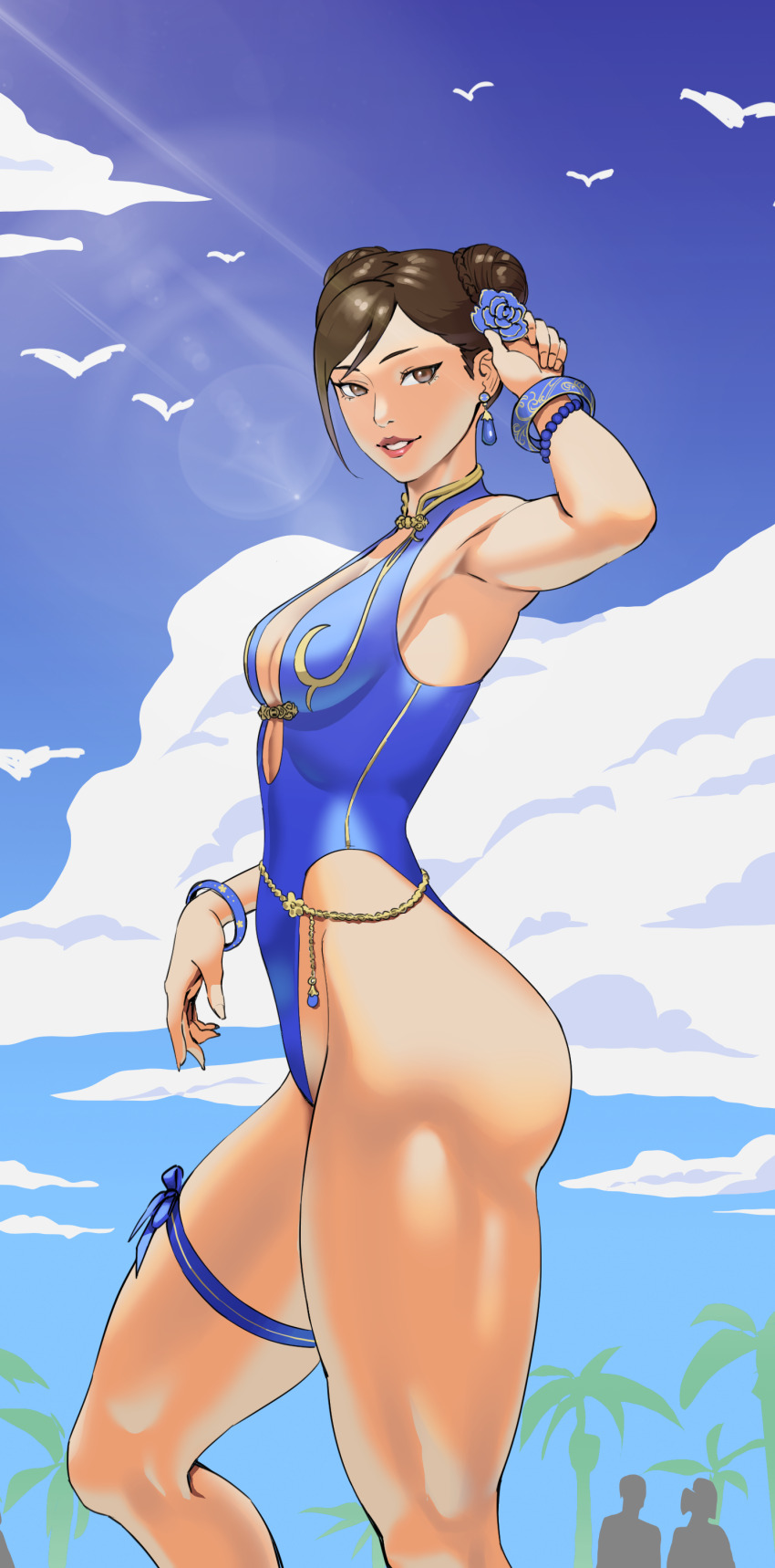 1girl absurdres beach blue_flower blue_one-piece_swimsuit blue_rose breasts brown_hair capcom center_opening chun-li commentary cowboy_shot double_bun english_commentary flower hair_bun hair_flower hair_ornament half-pencil highres leg_ribbon looking_at_viewer official_alternate_costume one-piece_swimsuit ribbon rose smile solo street_fighter street_fighter_6 swimsuit thigh_bow thigh_ribbon thighs tree