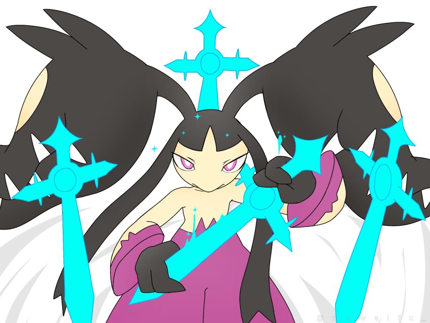 1other arm_up big_hair black_hair black_skin bright_pupils closed_mouth colored_skin extra_mouth flat_color floating floating_object floating_weapon gen_3_pokemon holding holding_blade holding_sword holding_weapon kagurabachi kagurabachi_pose_(meme) long_hair looking_at_viewer mawaifu mawile mega_mawile mega_pokemon meme multicolored_skin nintendo other_focus pokemon pokemon_(creature) pokemon_move purple_eyes purple_skin sharp_teeth sidelocks solo sparkle standing straight-on sword swords_dance_(pokemon) teeth thick_thighs thighs twintails two-handed very_long_hair weapon white_pupils yellow_skin