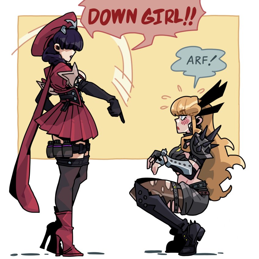2girls absurdres armor black_gloves blonde_hair blue_eyes braid breasts butterfly_hat_ornament cleavage cleavage_cutout clothing_cutout crop_top down_boy!!_(meme) gloves hair_over_one_eye hat hat_ornament highres long_hair magik_(x-men) marvel marvel_rivals meme multiple_girls nekitoron official_alternate_costume psylocke psylocke_(blood_kariudo) red_hat red_shrug short_shorts shorts twin_braids x-men