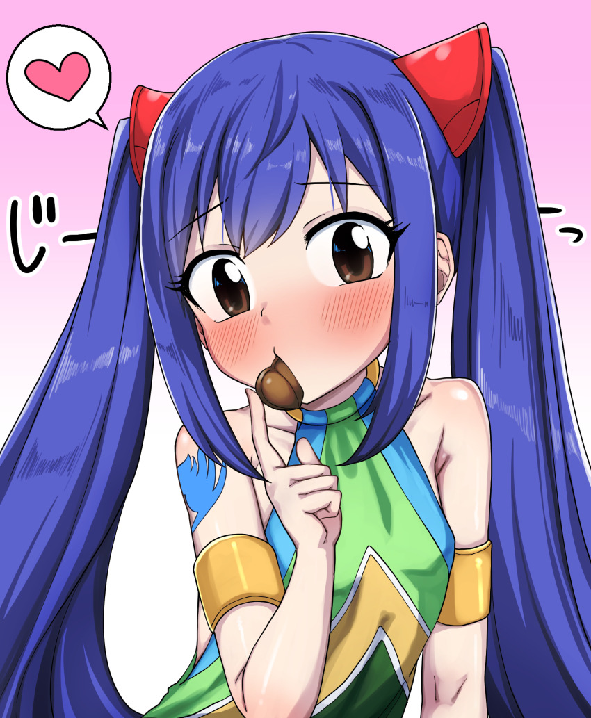 1girl arm_tattoo armlet bare_shoulders blonde_hair blush brown_eyes candy child chocolate chocolate_heart commentary dress fairy_tail fairy_tail_logo food gold_armlet heart heart-shaped_food highres jewelry long_hair looking_at_viewer multicolored_dress pechimaru sidelocks sleeveless sleeveless_dress solo spoken_heart tattoo twintails valentine wendy_marvell