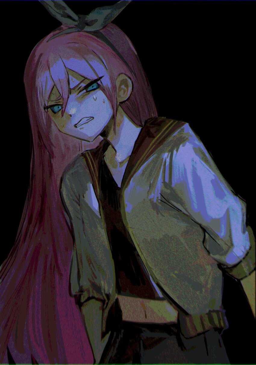 1girl aqua_eyes aqua_hairband arms_at_sides aubrey_(faraway)_(omori) aubrey_(omori) black_background black_sailor_collar black_shirt bow_hairband clenched_teeth collarbone cowboy_shot denim denim_skirt hair_between_eyes hairband highres jacket long_hair navel omori open_clothes open_jacket pink_hair sailor_collar shirt skirt solo sweat teeth three-quarter_sleeves wanosaku white_jacket