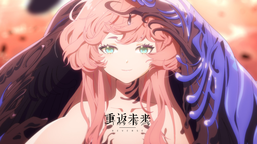 1girl aqua_eyes bare_shoulders black_veil blue_veil blurry blurry_background closed_mouth copyright_name highres logo long_hair nautika_(reverse:1999) official_art outstretched_arm pink_hair red_background reverse:1999 smile solo two-tone_veil upper_body veil