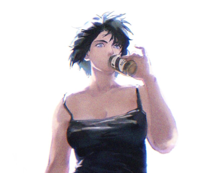 1girl aizheajsee black_hair blue_eyes can cropped_torso drink_can drinking ghost_in_the_shell highres holding holding_can kusanagi_motoko looking_at_viewer medium_hair upper_body white_background