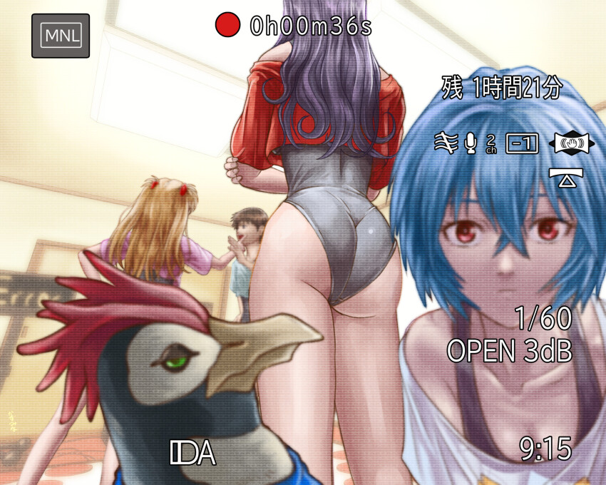 2boys 3girls alternate_costume ass ayanami_rei bird black_leotard blue_hair closed_mouth hair_between_eyes highres huge_ass ikari_shinji indoors jacket katsuragi_misato kazumina leotard looking_at_another looking_at_viewer multiple_boys multiple_girls neon_genesis_evangelion orange_hair penguin penpen purple_hair recording red_eyes red_jacket short_hair souryuu_asuka_langley wide_hips