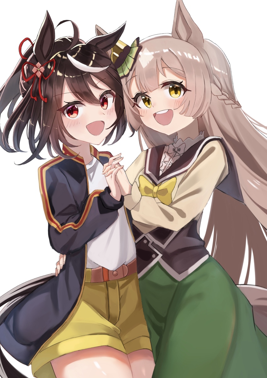 2girls :d absurdres ahoge animal_ears black_hair black_jacket bob_cut bow bowtie braid brown_eyes brown_hair brown_shirt ear_ornament flower_ornament green_skirt half_up_braid half_updo highres horse_ears horse_girl jacket kitasan_black_(umamusume) long_hair looking_at_viewer multicolored_hair multiple_girls open_mouth red_eyes red_ribbon ribbon sailor_collar satono_diamond_(umamusume) shirt short_hair shorts skirt smile streaked_hair taguchi_yuu two-tone_hair umamusume umamusume_(anime) white_hair white_shirt yellow_bow yellow_bowtie yellow_shorts