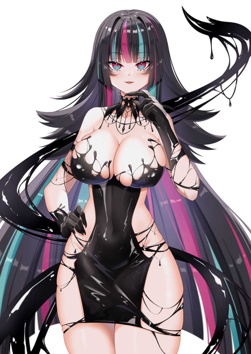 1girl absurdres black_collar black_dress black_gloves black_hair black_liquid blue_eyes blue_hair breasts cleavage collar commission dress emma_llama gloves hand_on_own_hip highres indie_virtual_youtuber ink lacielacie large_breasts liquid_clothes liquid_dress liquid_tail long_hair looking_at_viewer multicolored_eyes multicolored_hair open_mouth pink_eyes pink_hair shiny_skin simple_background solo streaked_hair teeth two-tone_eyes very_long_hair virtual_youtuber white_background