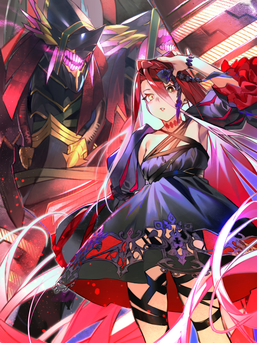 1girl absurdres bare_shoulders black_dress black_eyes bracelet breasts choker dragon dress eyepatch eyepatch_lift fate/grand_order fate_(series) hair_between_eyes heterochromia highres hiro_(hirohiro_gorira) jewelry long_hair long_sleeves looking_at_viewer red_choker red_hair small_breasts thigh_strap typhon_(fate) typhon_ephemeros_(fate) typhon_ephemeros_(second_ascension)_(fate) very_long_hair yellow_eyes