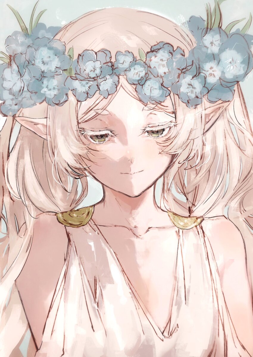 1girl blue_flower closed_mouth dress elf flower frieren green_eyes grey_hair head_wreath highres long_hair moku_(muooku) pointy_ears solo sousou_no_frieren white_dress