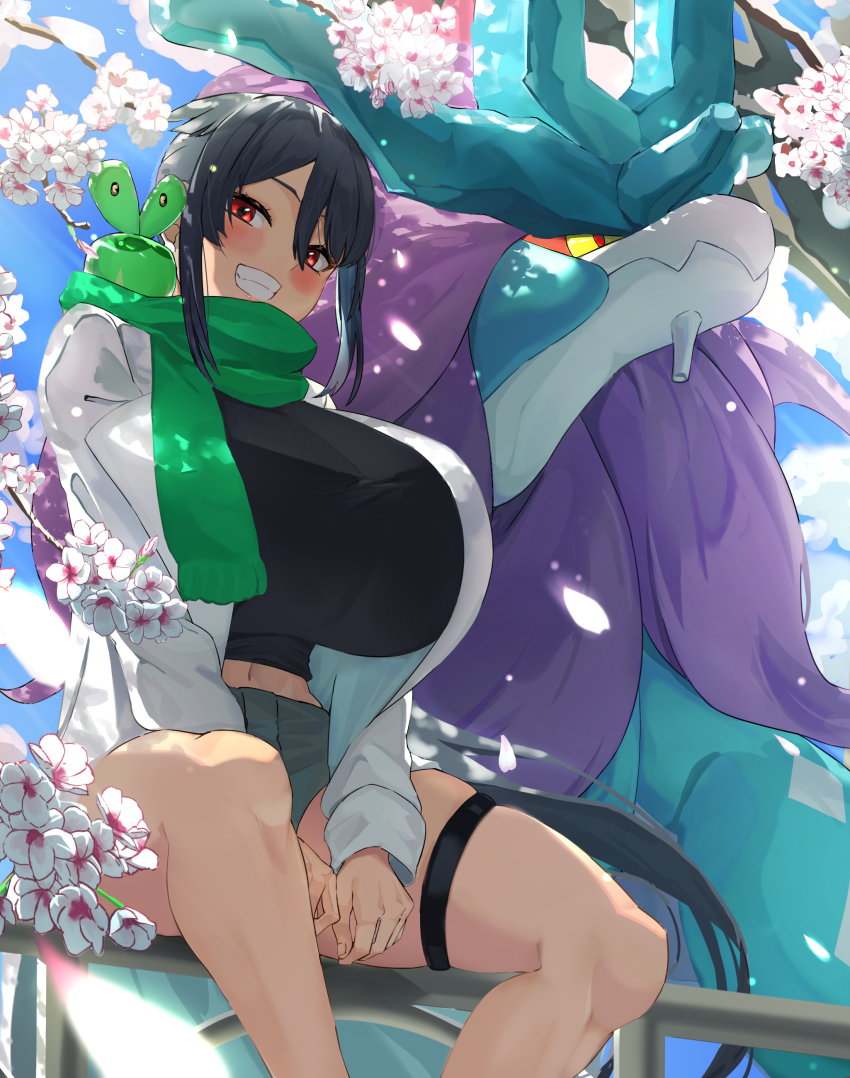 absurdres alternate_color alternate_costume applin black_hair breasts gen_8_pokemon highres hizakake huge_breasts nintendo pokemon pokemon_(creature) pokemon_oras red_eyes shiny_pokemon thighs walking_wake zinnia_(pokemon)
