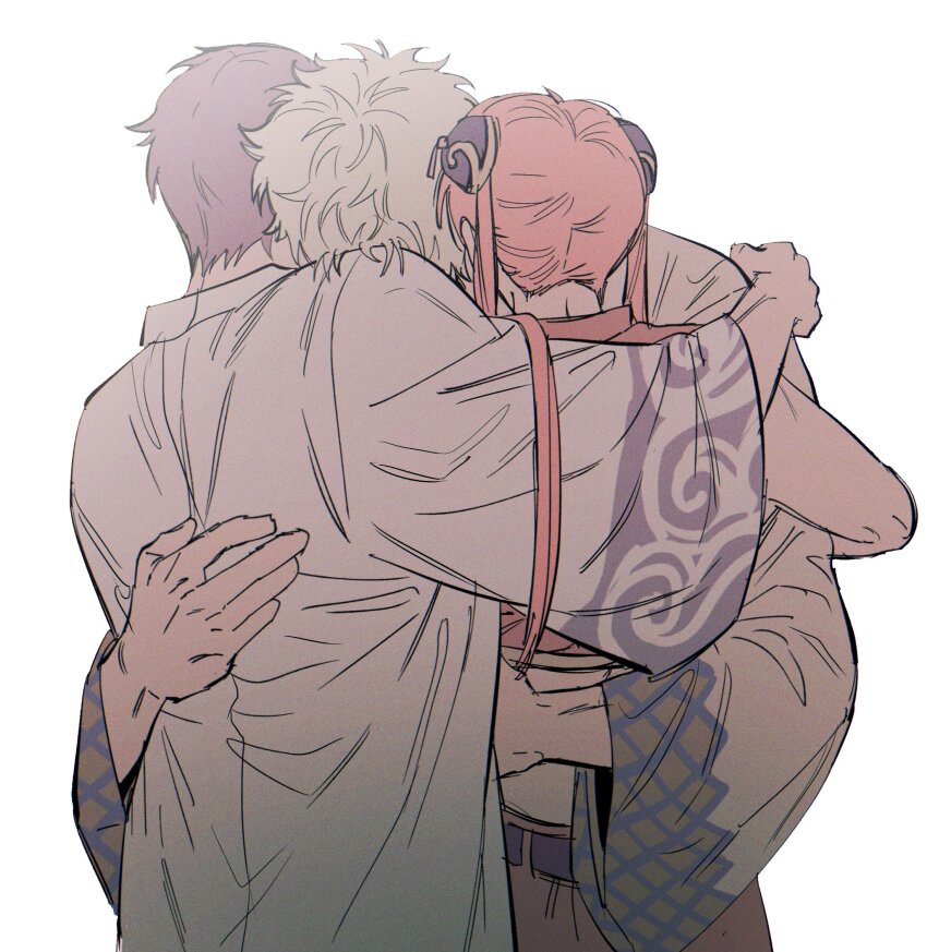 1girl 2boys black_hair bun_cover china_dress chinese_clothes double_bun dress friends gintama hair_bun highres hug japanese_clothes kagura_(gintama) multiple_boys orange_hair sakata_gintoki shimura_shinpachi white_hair ww034518297